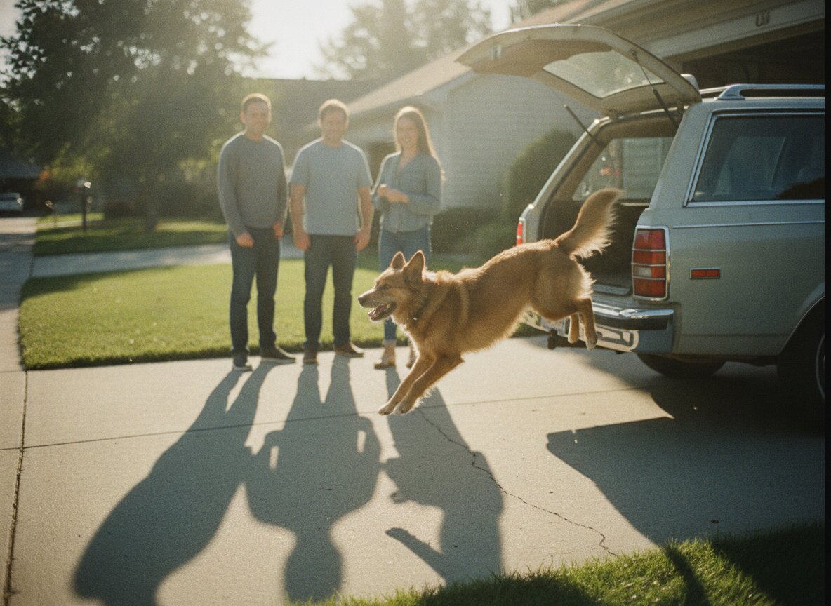 A dog leaping into an open car door on gotcha day