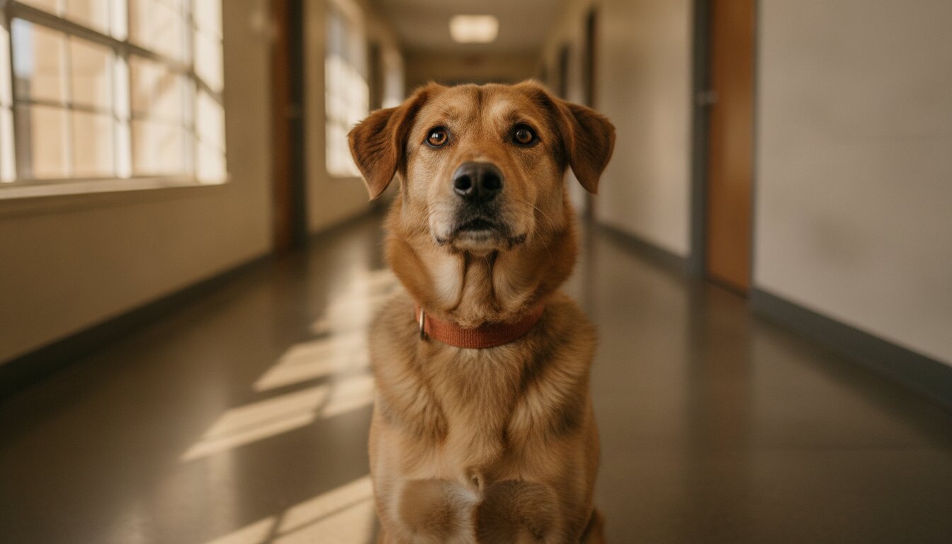 A shelter dog looking up hopefully