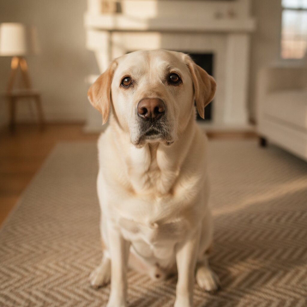 Duke, a gray-muzzled senior Labrador