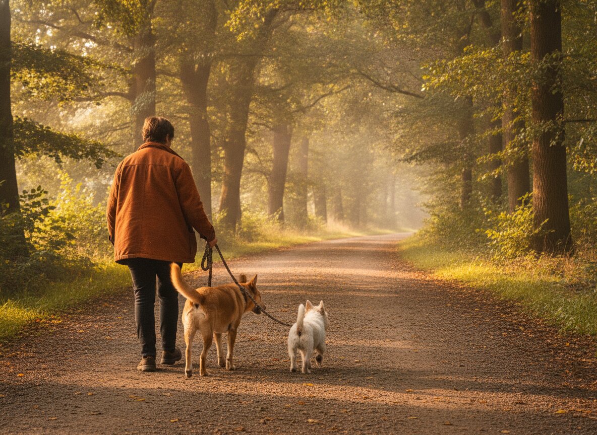 A volunteer walking two dogs