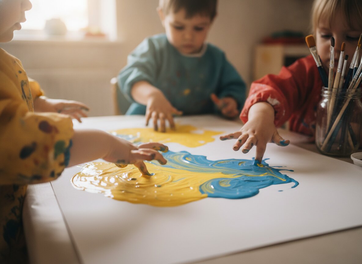 Small hands finger-painting at a low table