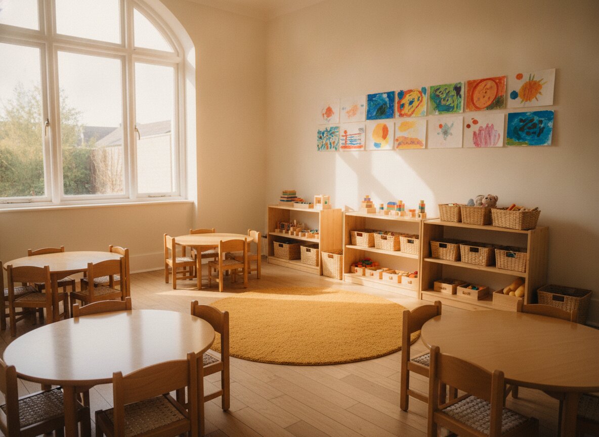 The preschool room: low tables and art on the walls