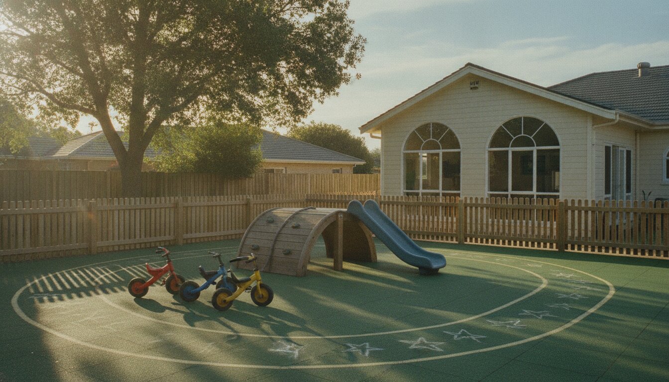The Hopscotch play yard in morning sun: climbing structure and tricycles