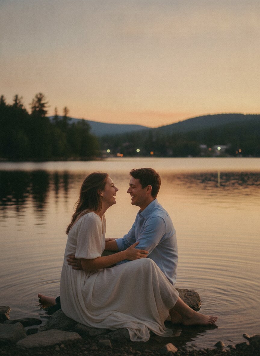 Clara and Theo laughing at the lake