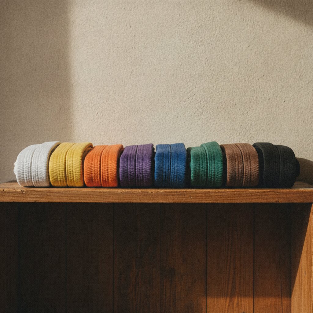 Eight folded karate belts in rank order on a wooden shelf