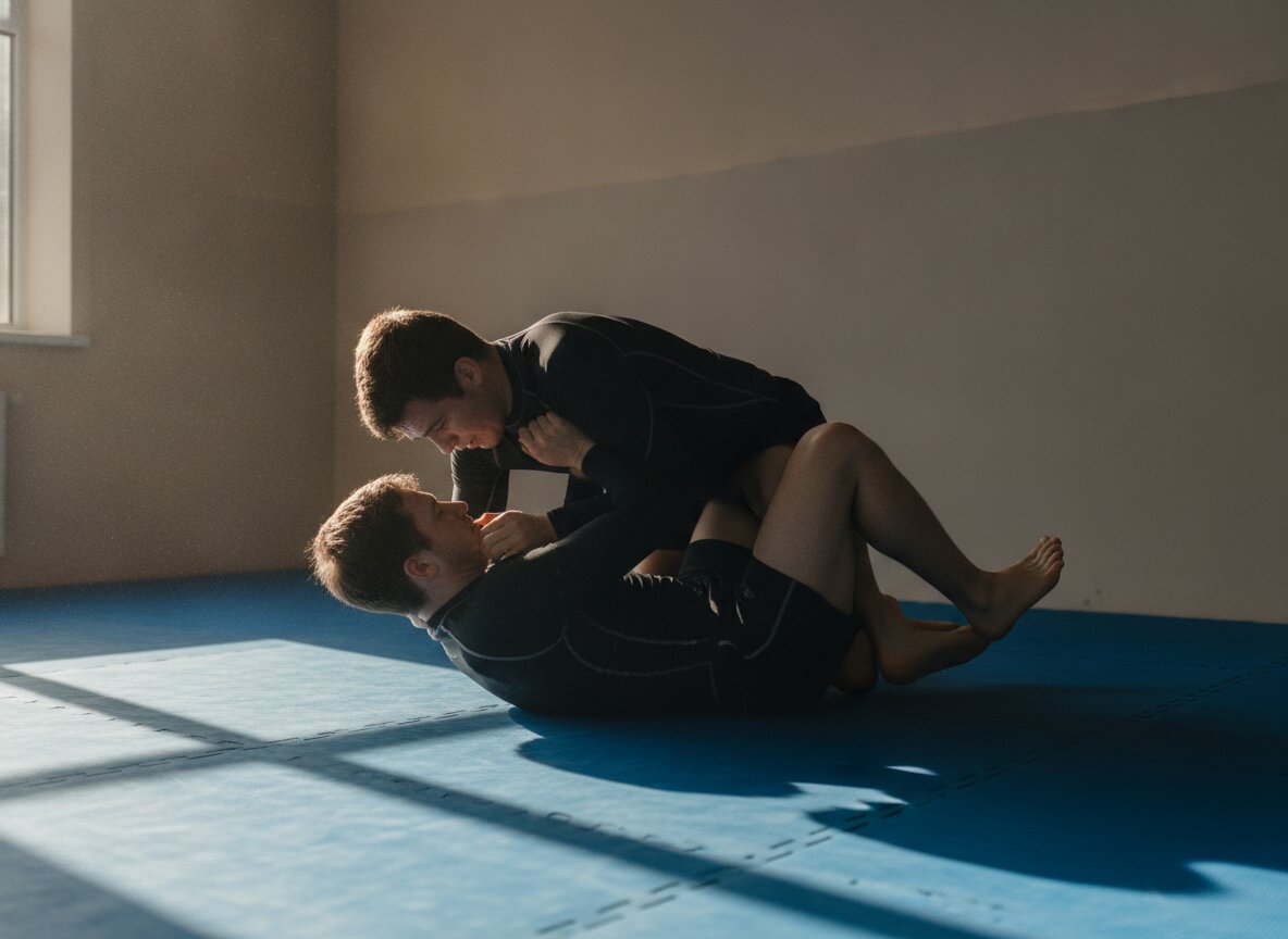 Two adults grappling on blue mats during a jiu-jitsu class