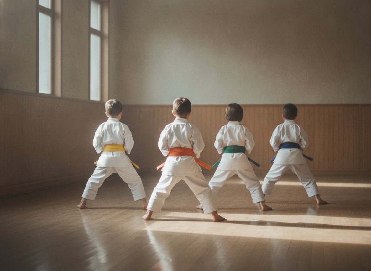 Young students in white gi holding a front stance in a row on the dojo floor