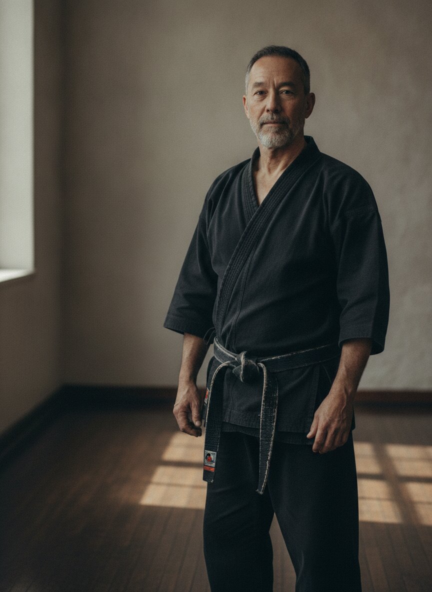 Head instructor Ken Hayashi in a black gi at the edge of the mat