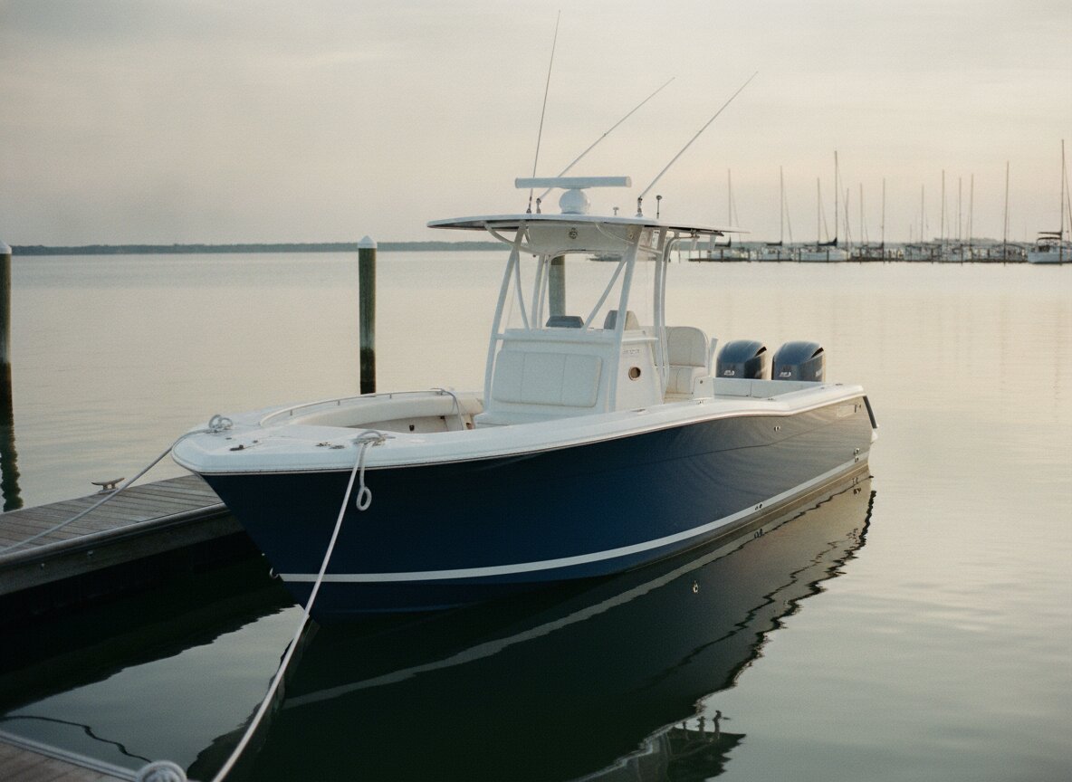 Tern, a 31-foot center console tied up at the dock in morning light