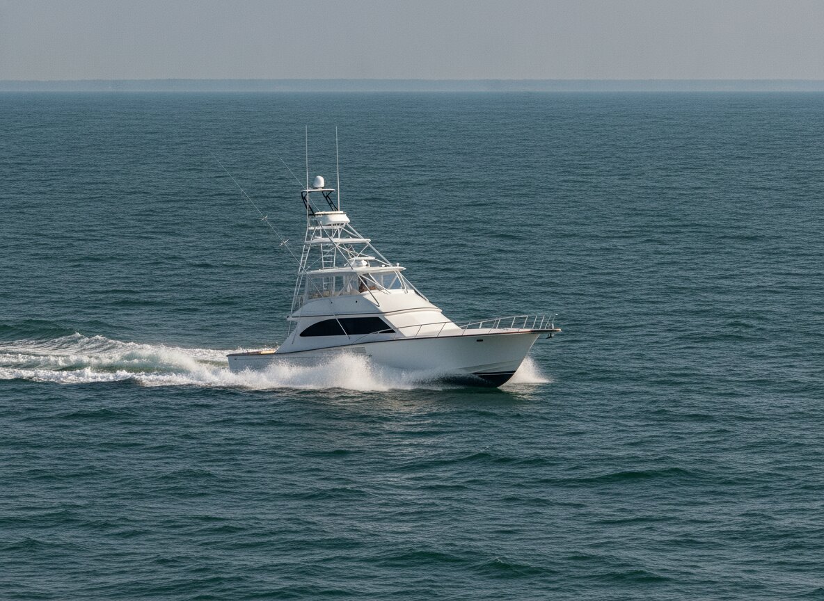 Ada Mae, a 42-foot sportfisher with outriggers, running at sea