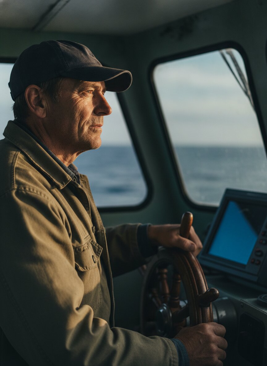 Captain Ray Dunmore in a faded cap at the helm, looking ahead