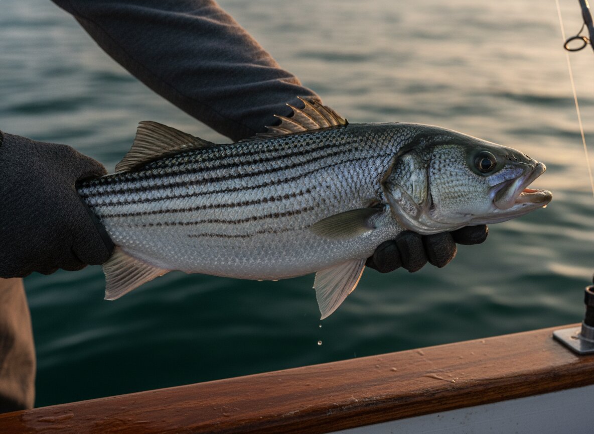 Two hands holding a striped bass over the gunwale, water behind