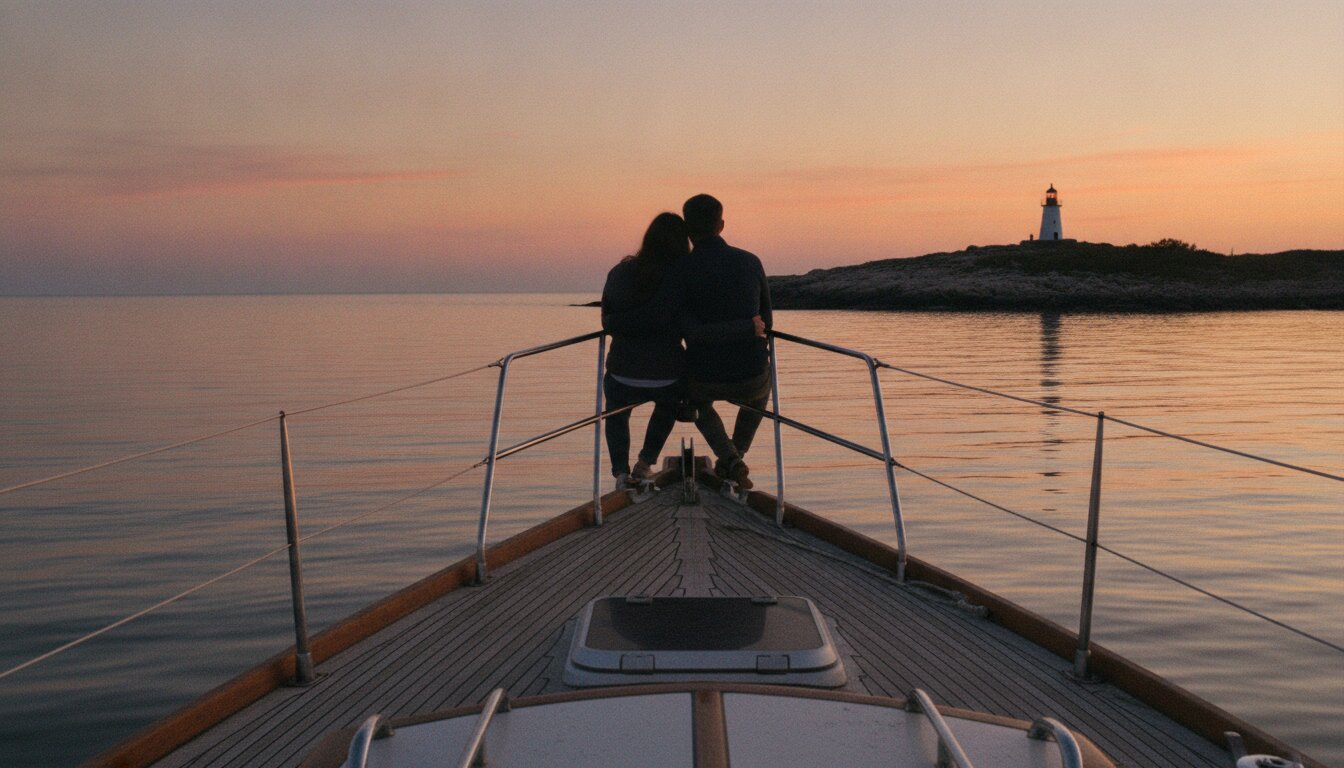 Sunset from the bow at anchor, two silhouettes looking out over calm orange water