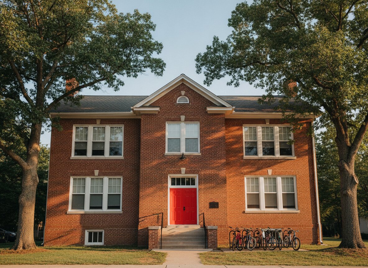 The brick schoolhouse with its red front door and a full bike rack, in late afternoon light