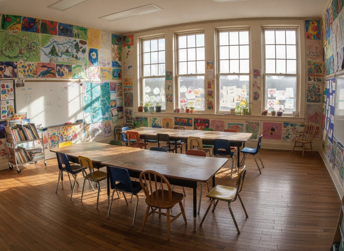 A Kestrel classroom with tall windows, long shared tables and student work covering the walls