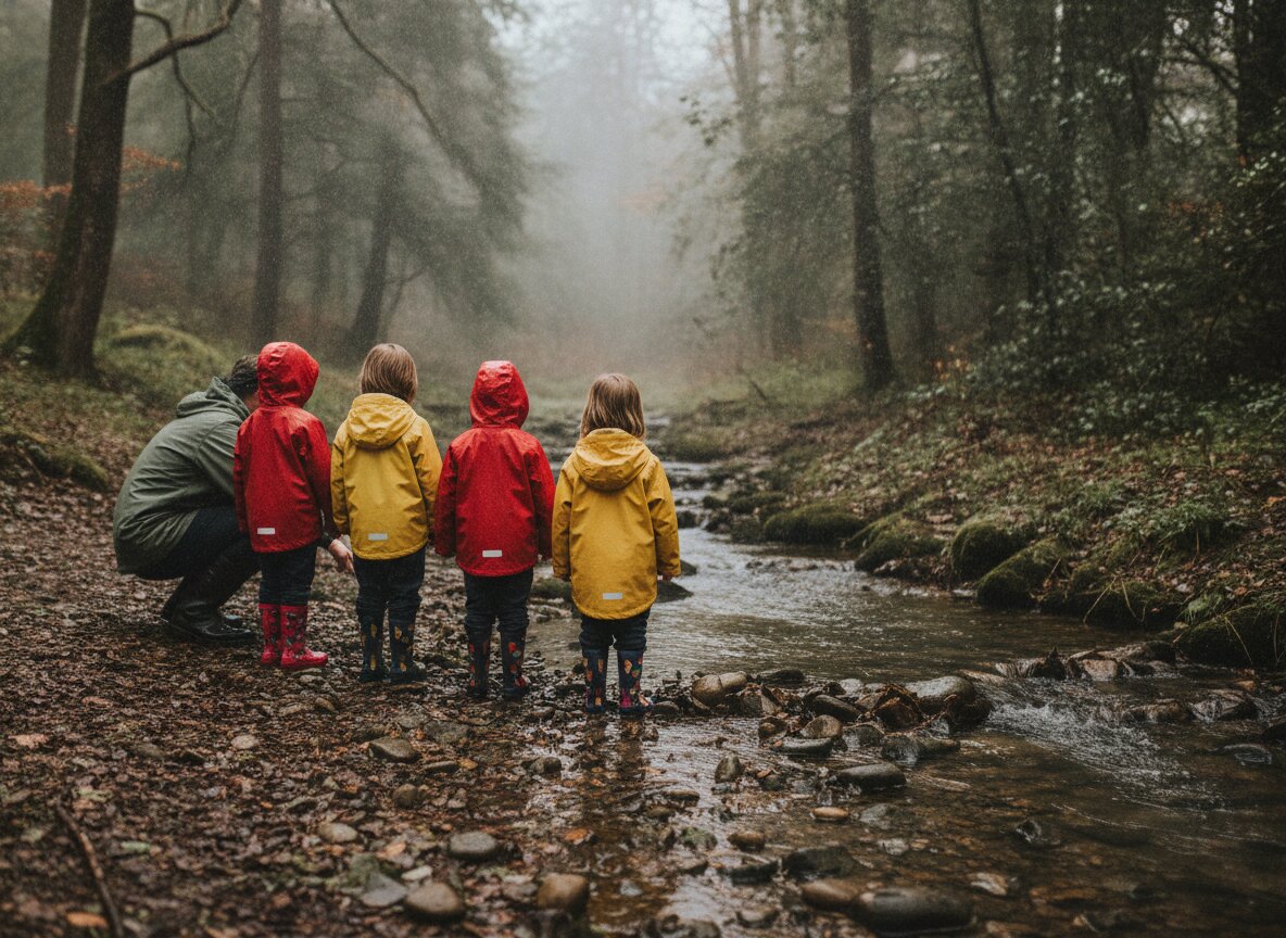 Second graders in rain boots at the creek with a teacher, seen from a distance with their backs turned