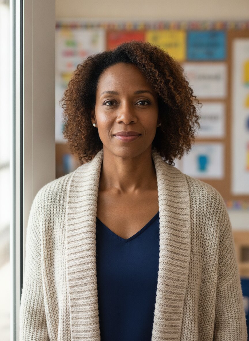 Denise Okafor, kindergarten teacher and Head of Lower School, in a cardigan, looking warmly at the camera