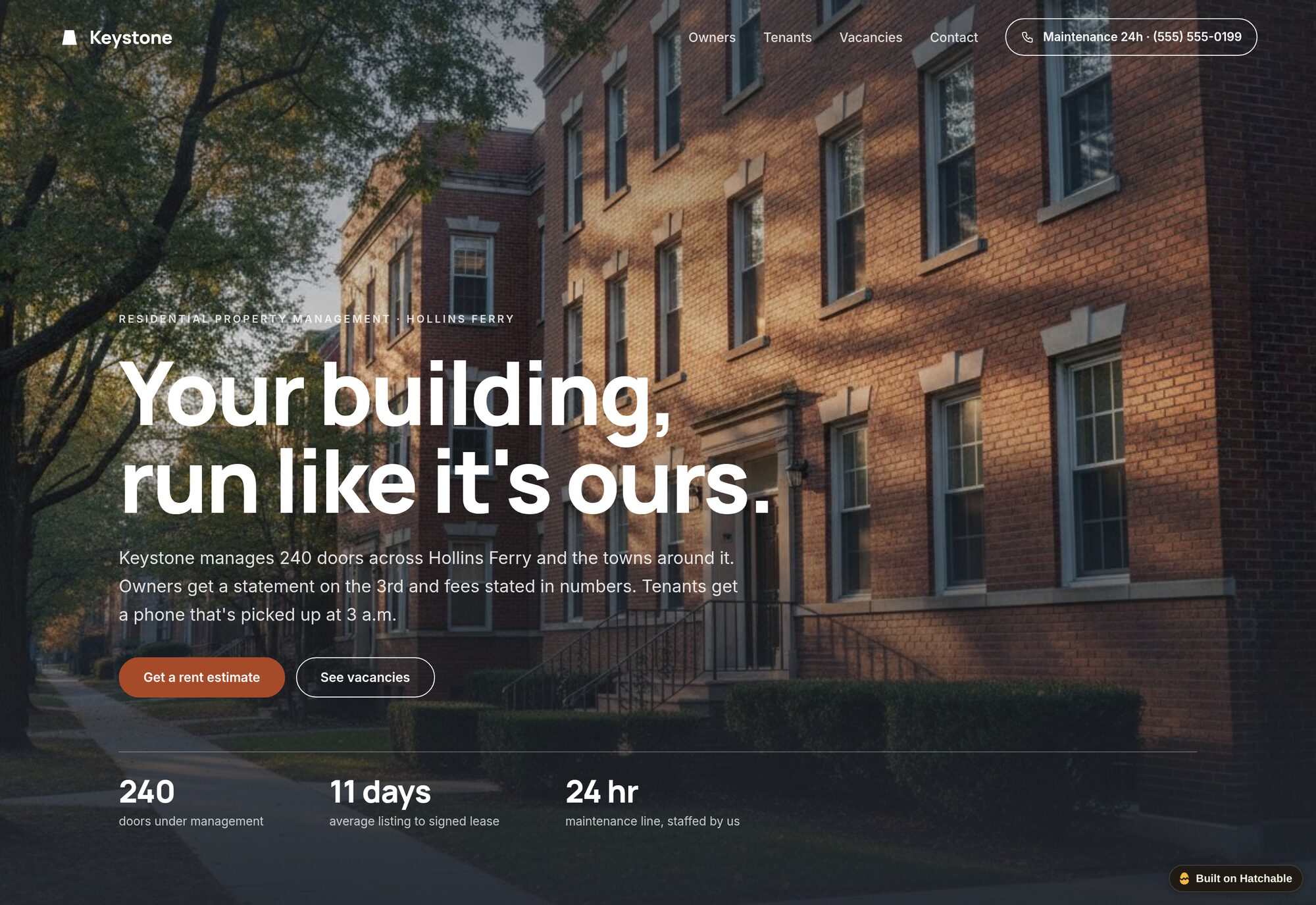 Keystone property management website template — full design preview