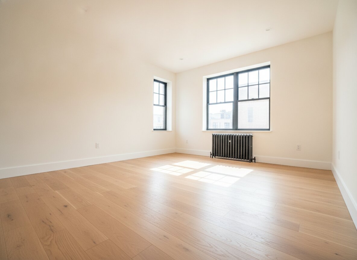 A bright, empty renovated living room with oak floors and tall windows