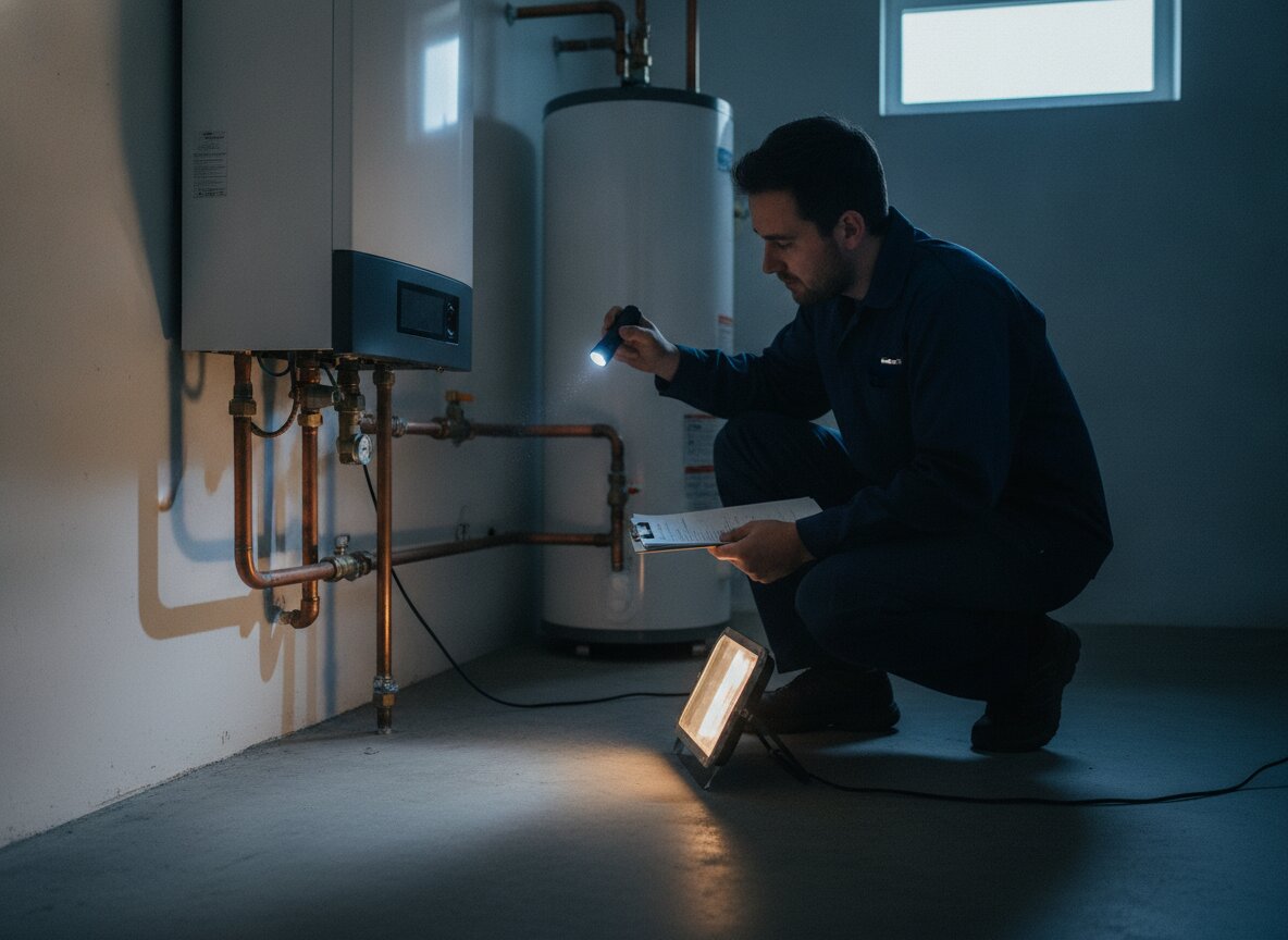 A technician checking a boiler with a clipboard in a basement utility room