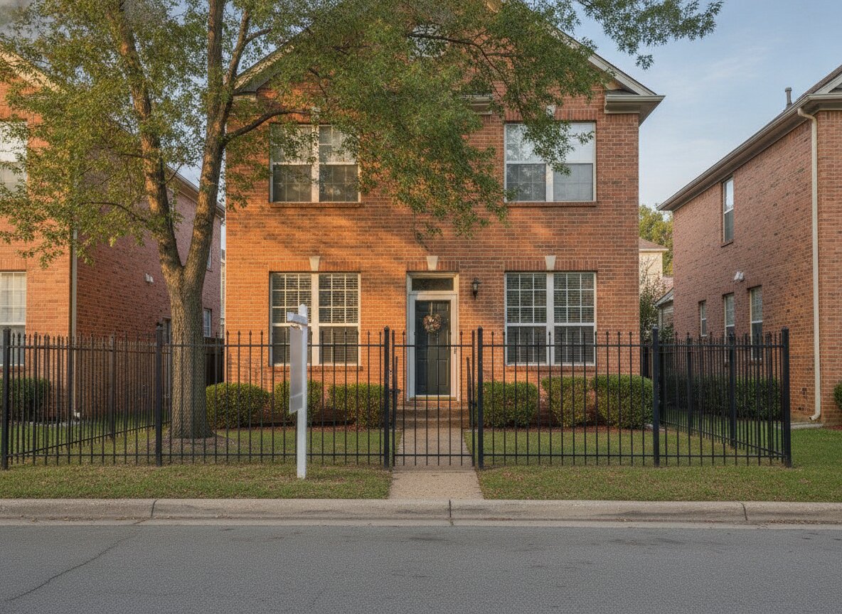 A brick end-unit townhouse with a fenced front yard and a small sign by the gate