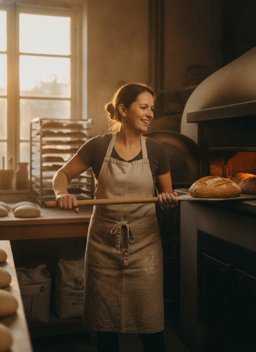 Rosa Delgado pulling loaves from the deck oven