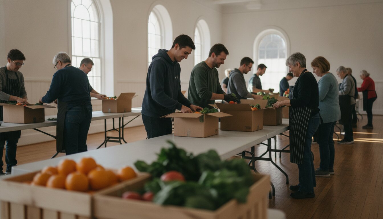 Volunteers packing grocery boxes in the bright firehouse hall on a Saturday morning