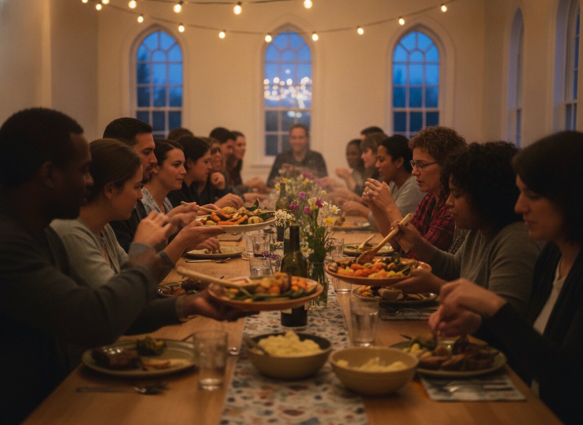 Neighbors serving each other at the long Tuesday dinner table