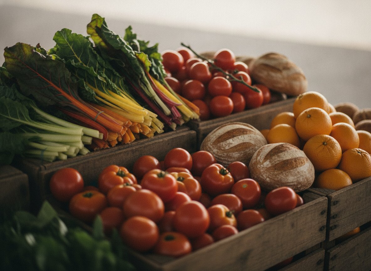 Crates of fresh produce in morning light at the Saturday market