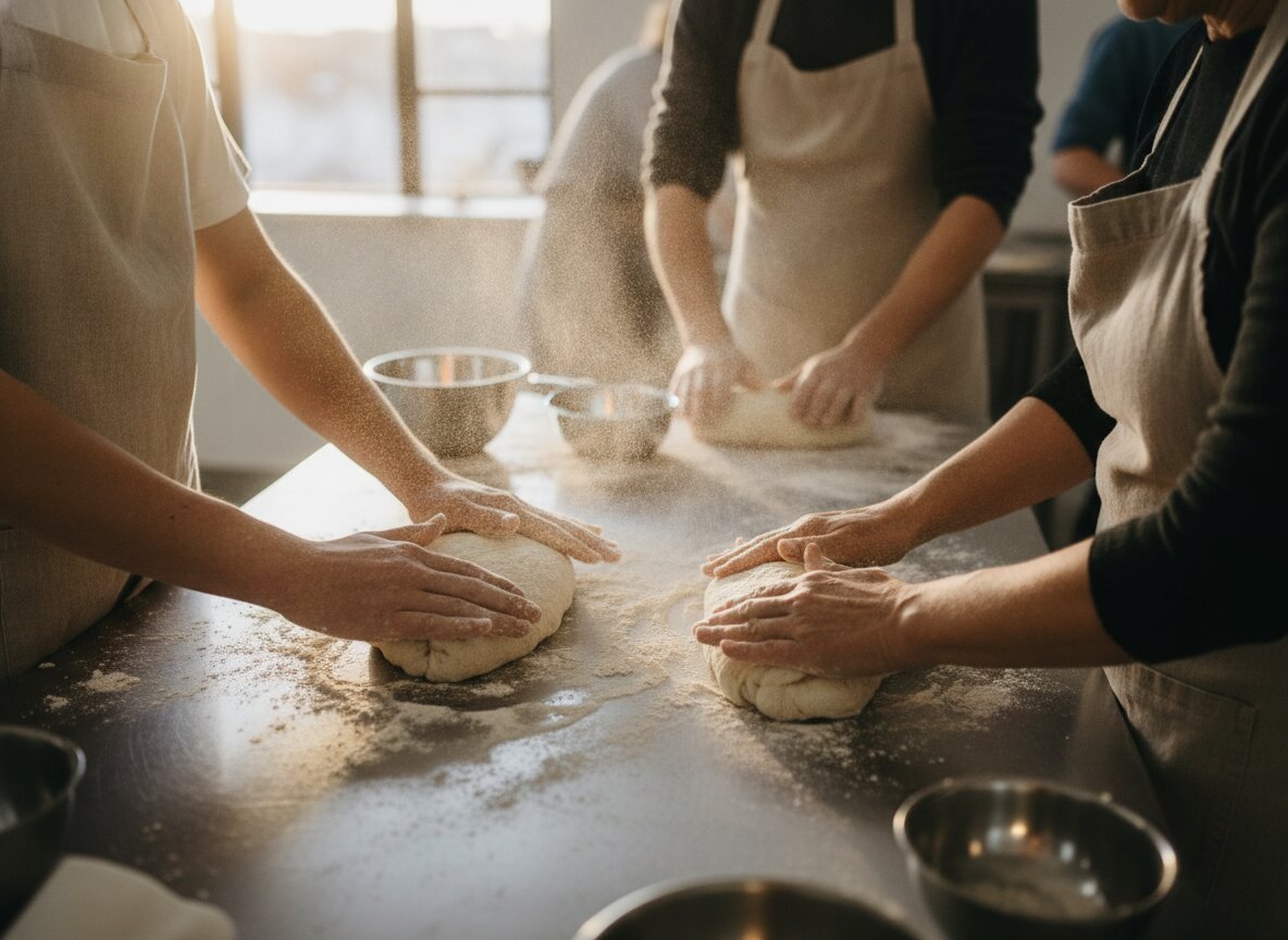 Hands kneading dough together in the teaching kitchen