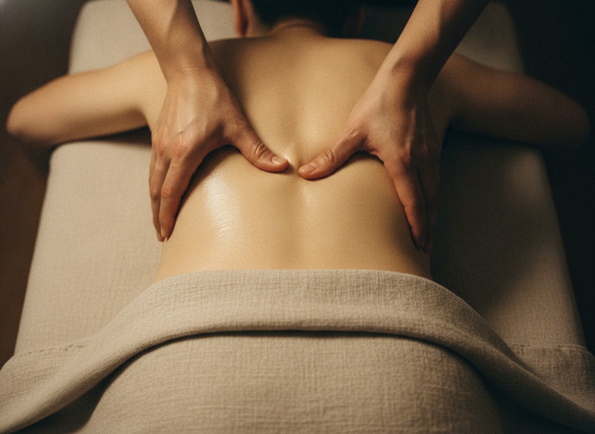 A therapist's hands working into a client's upper back