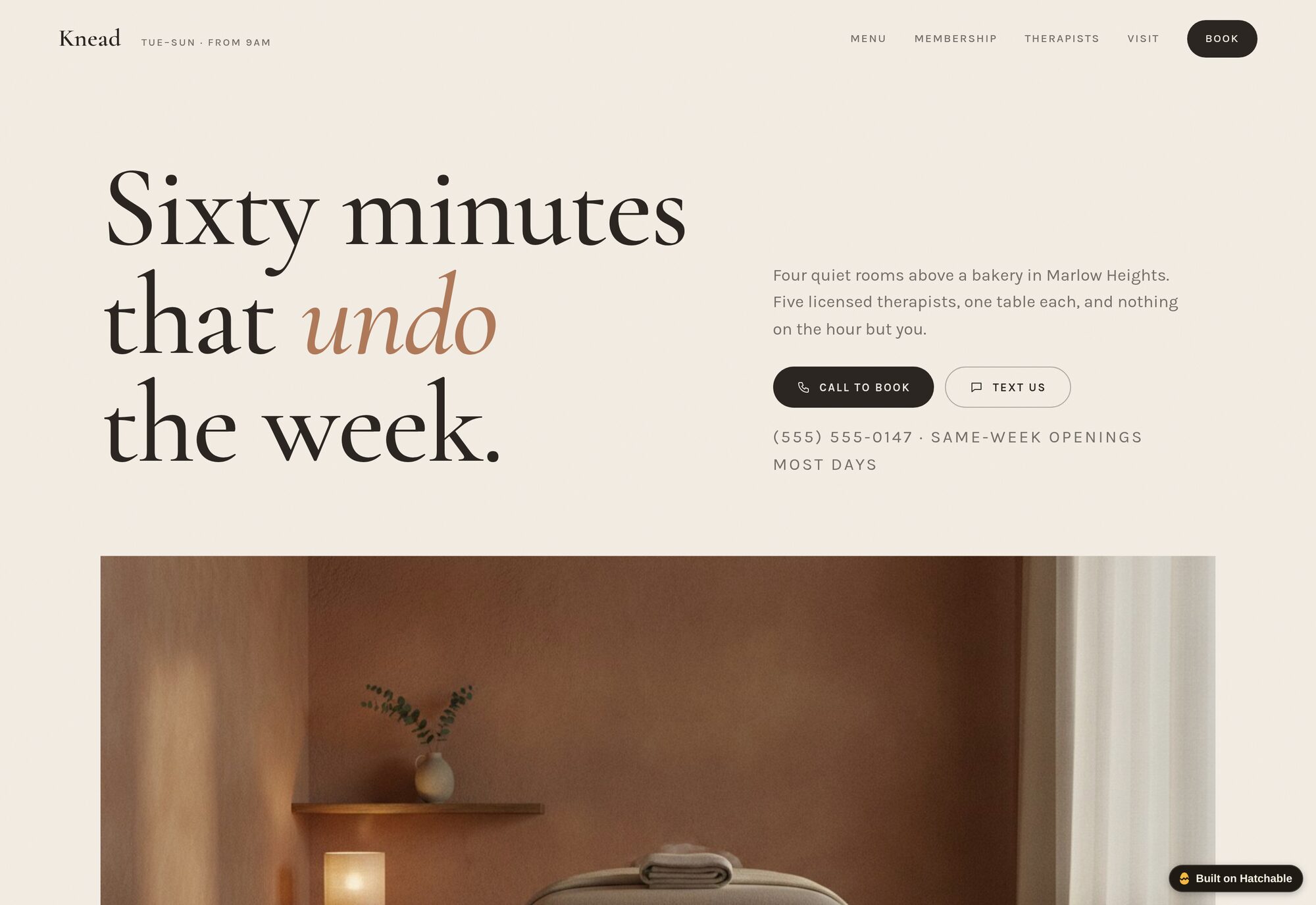Knead massage therapy website template — full design preview