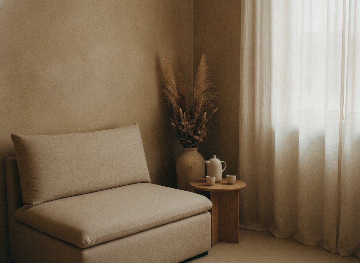 The waiting room: a linen sofa, a ceramic teapot and dried grasses in a clay vase