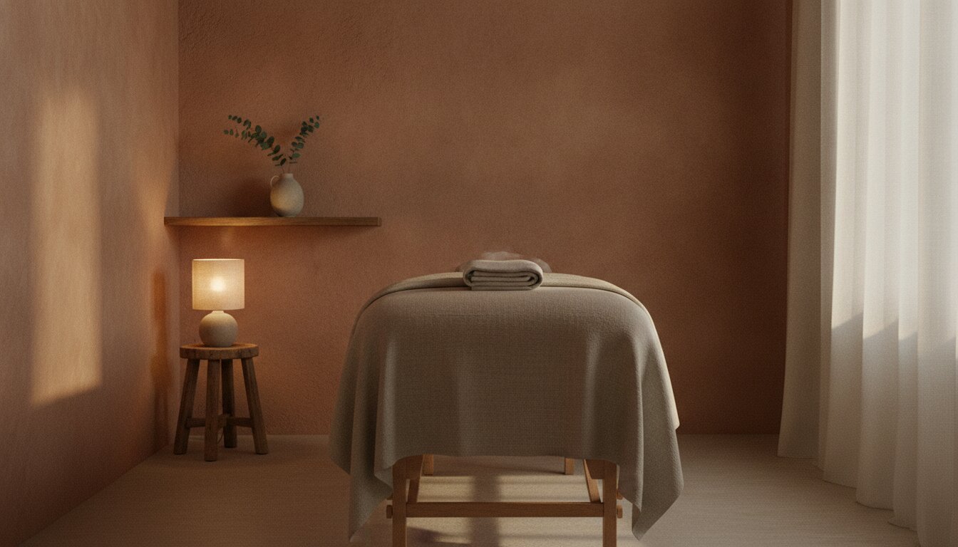 Treatment room two: a linen-draped table, one warm lamp, clay walls and a sprig of eucalyptus
