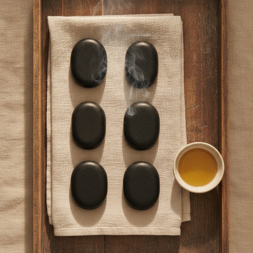 Basalt hot stones and a folded towel on a wooden tray, seen from above