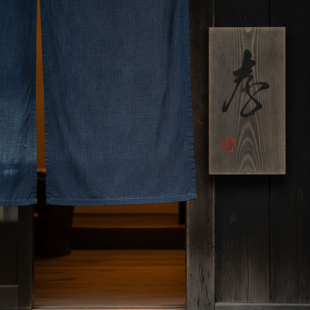 A folded noren curtain and a hand-brushed wooden sign at the door