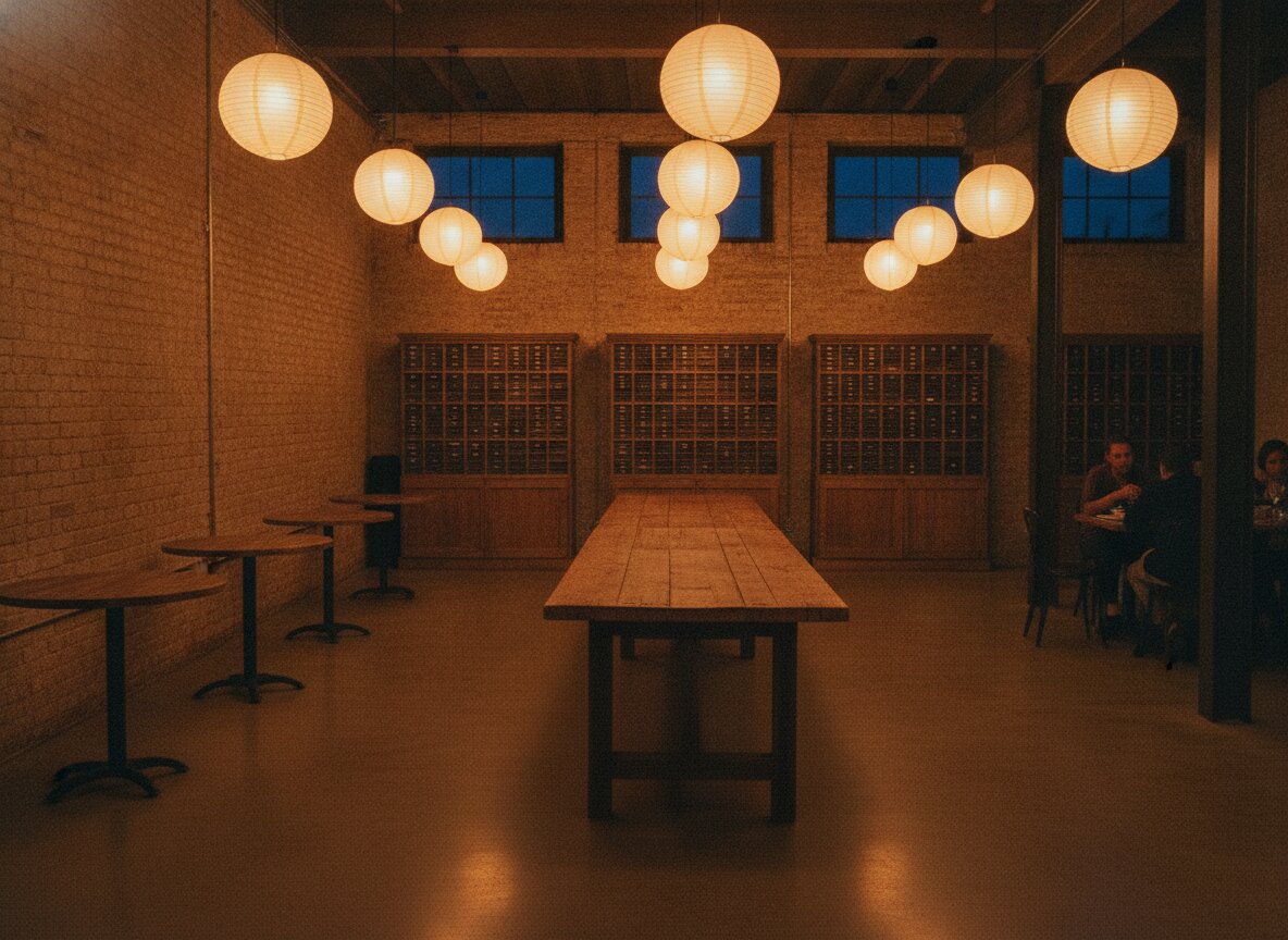 The dining room at Koji: dark wood, brick, and paper lanterns in a former print shop