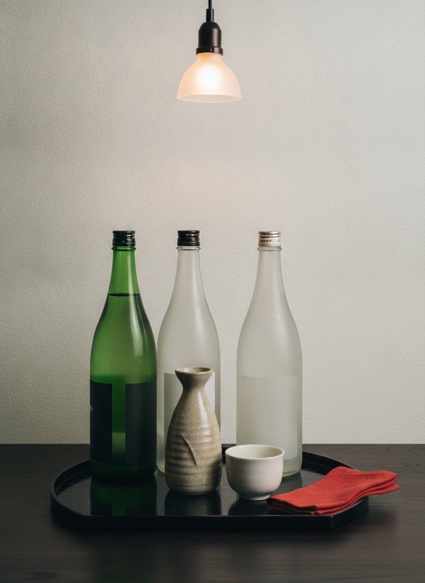Sake bottles and a small ceramic cup on a black lacquer tray