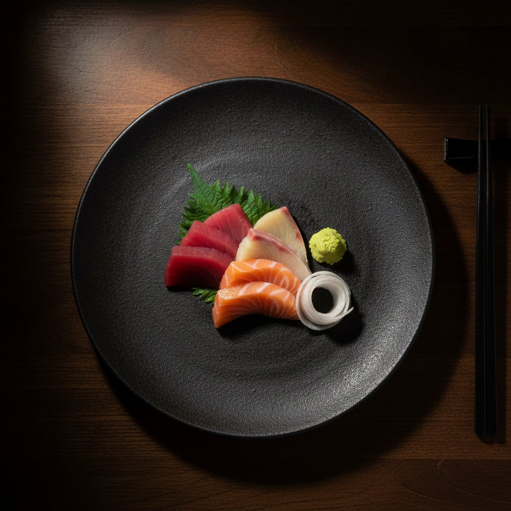 Five cuts of sashimi on a black stoneware plate, seen from above