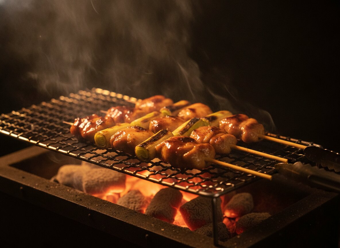 Yakitori skewers over glowing binchotan charcoal, smoke rising
