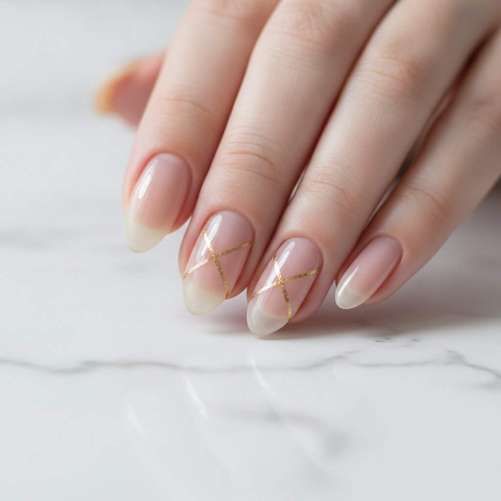 Sheer nude nails with thin gold hairlines
