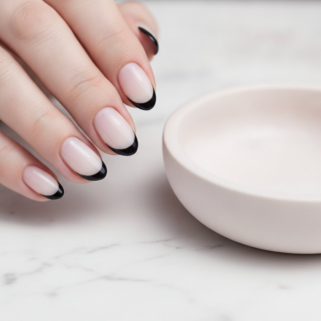 A modern reversed French manicure in close-up