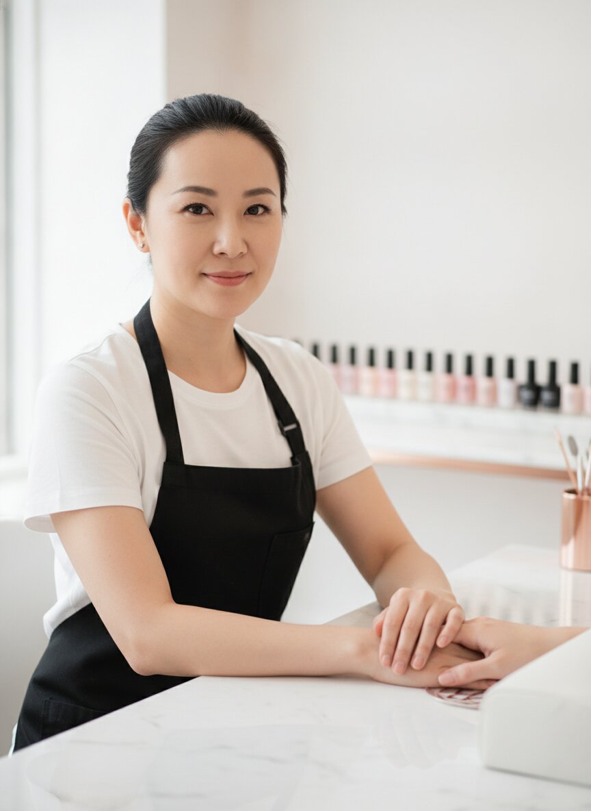 Mina Cho, founder of Lacquer, in a black apron at her station