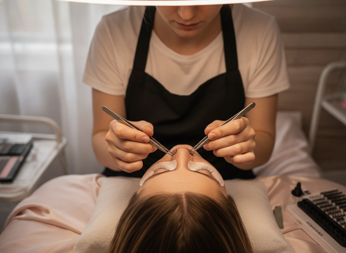 A lash artist placing volume fans on a reclined client