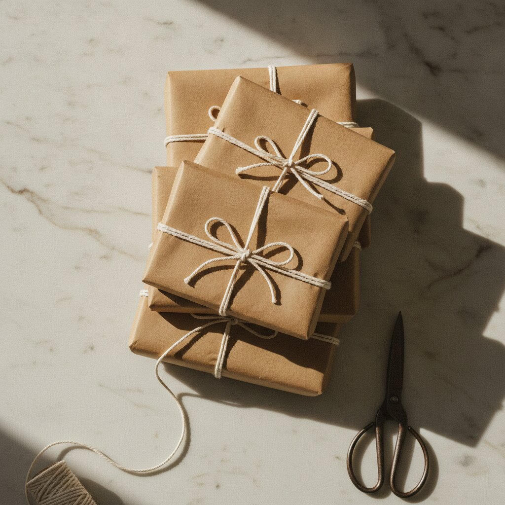 Butcher-paper parcels tied with twine, stacked on marble