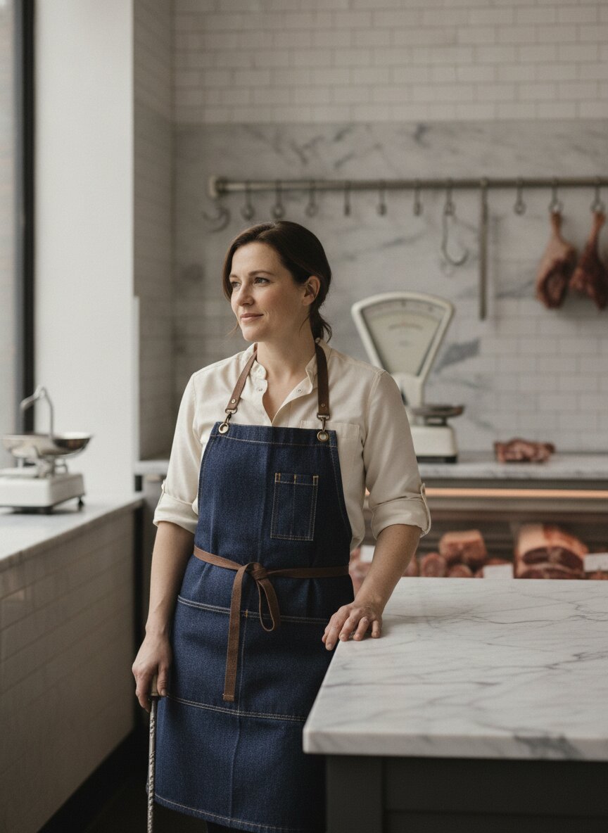 June Alder, sharpening steel in hand, at the Larder counter