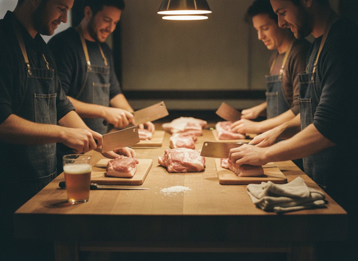 Butchery class around the block table, knives at work