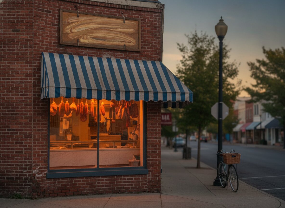 The Larder storefront on Cooperage Lane at first light