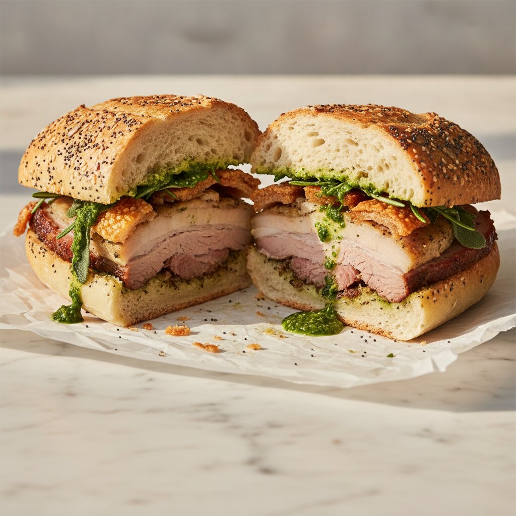 Porchetta sandwich cut in half on butcher paper