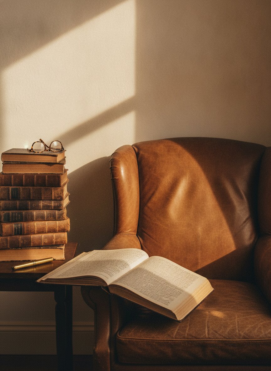 Margaret's study — books, ledger, strong light